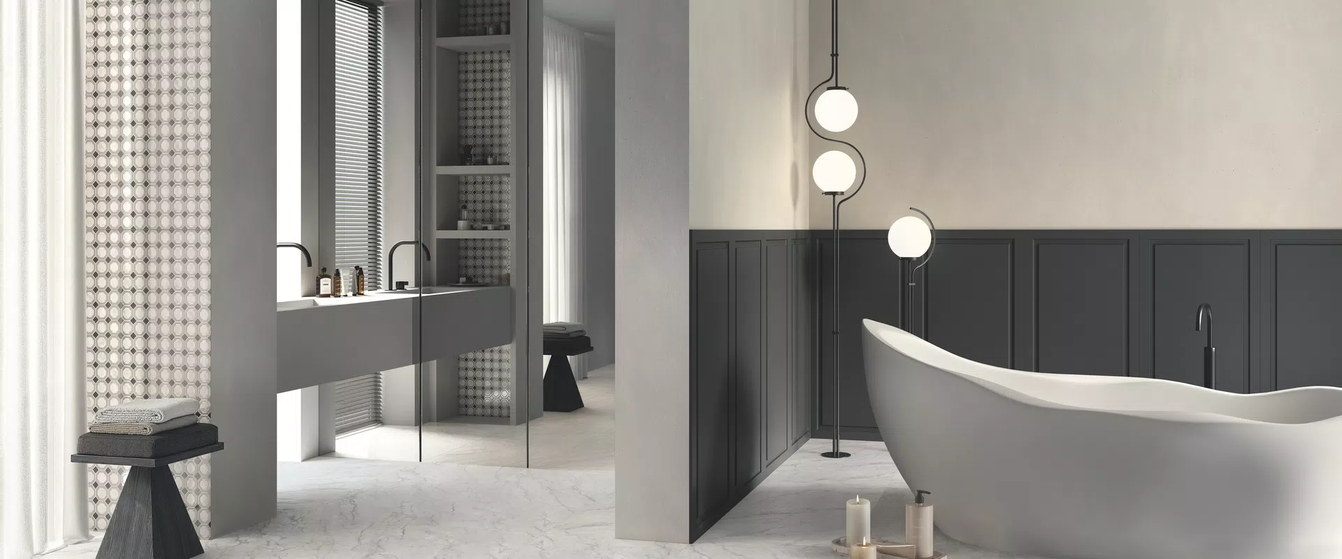 Piastrelle effetto marmo nei toni bianco, beige, multicolore, dalla collezione Bon Ton di Gardenia&Ariana.