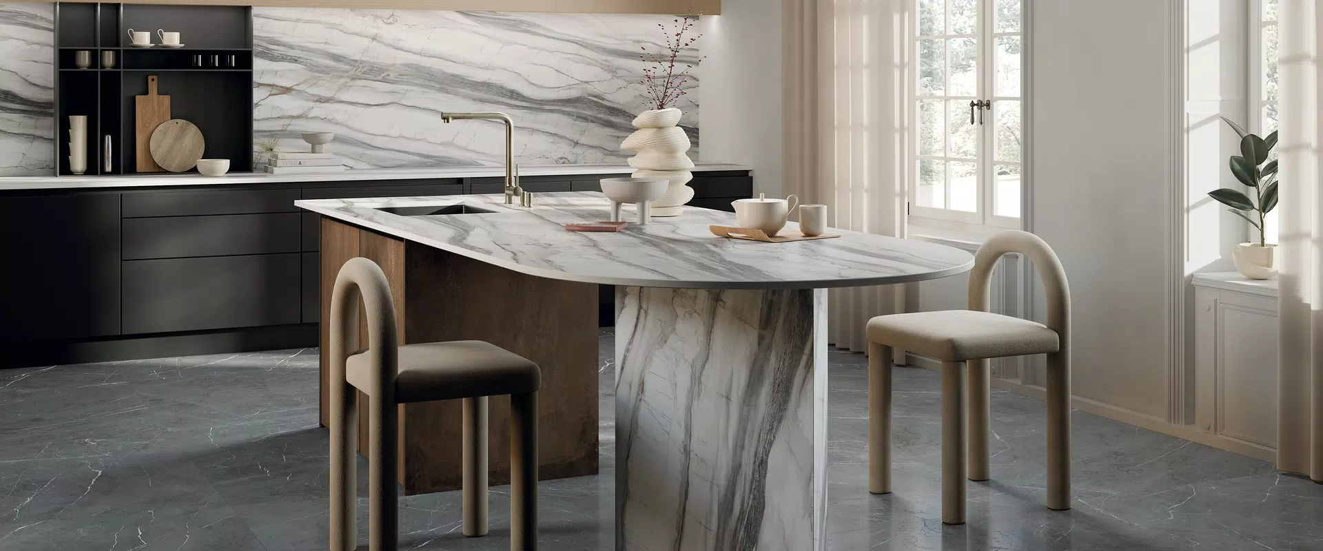Marble-effect tiles in white, black, beige tones, from the Sensi 900 collection by ABK.
