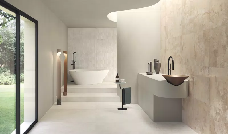 Collezione Camouflage di Gardenia&Ariana: piastrelle effetto cemento nei toni beige, bianco, grigio.