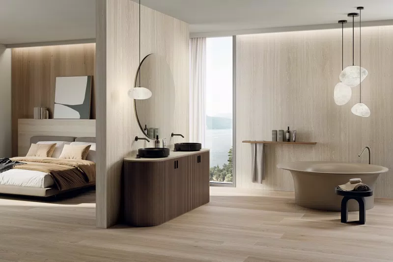B_07 SENSI ROMA IVORY N.R. 120X280+ABKSTONE TRAVERTINO IVORY NAT.12MM+POETRY WOOD ECRU N.R. 26,5X180