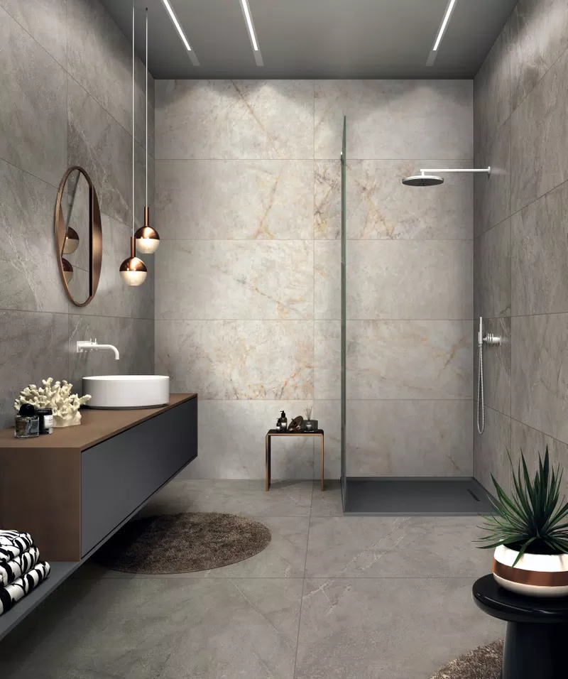 ATLANTIS TAUPE 60X120 + SENSI GEMS CRYSTAL 60X120 + INTERNO 9 RUST