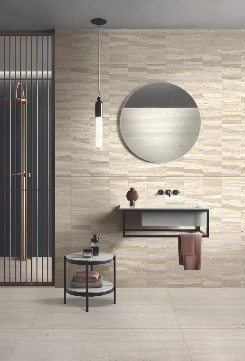 B_06 DORICA DEGRADE ANTIQUE 3D 60X120 + LUCE PIOMBO 120X280 + DORICA AVORIO NAT 60X120