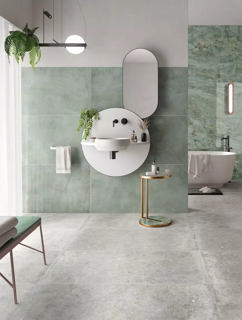 Toni grigio, bianco, verde per le piastrelle effetto cemento e tinta unita della collezione Luce di Gardenia&Ariana.