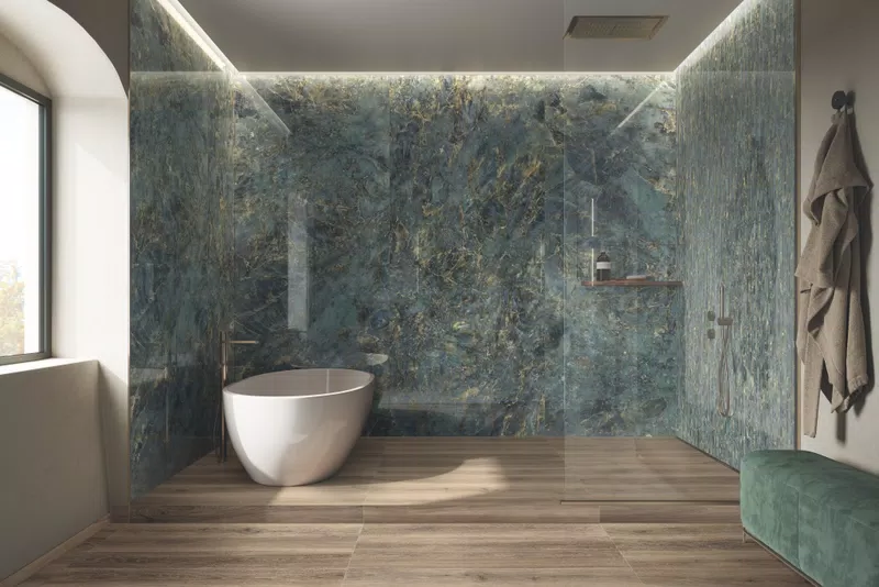 SENSI SIGNORIA labradorite lux 120x280_mos. ventaglio labradorite lux_eco chic avana 20x120
