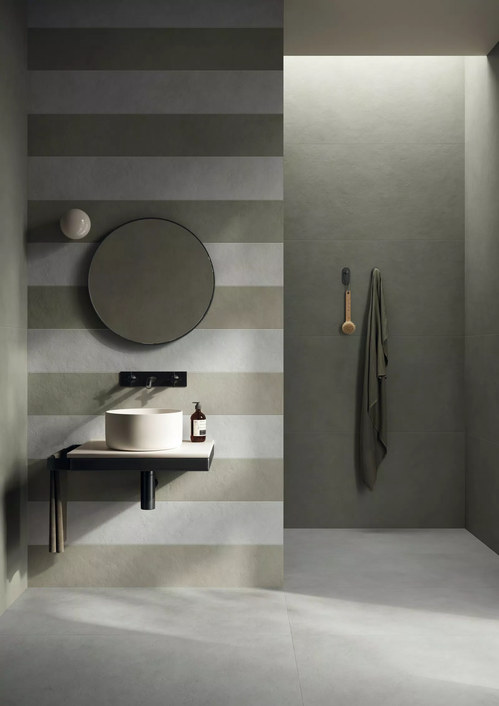 Beige, grey, green tones for the contemporary-effect tiles of the Palette collection by Flaviker.