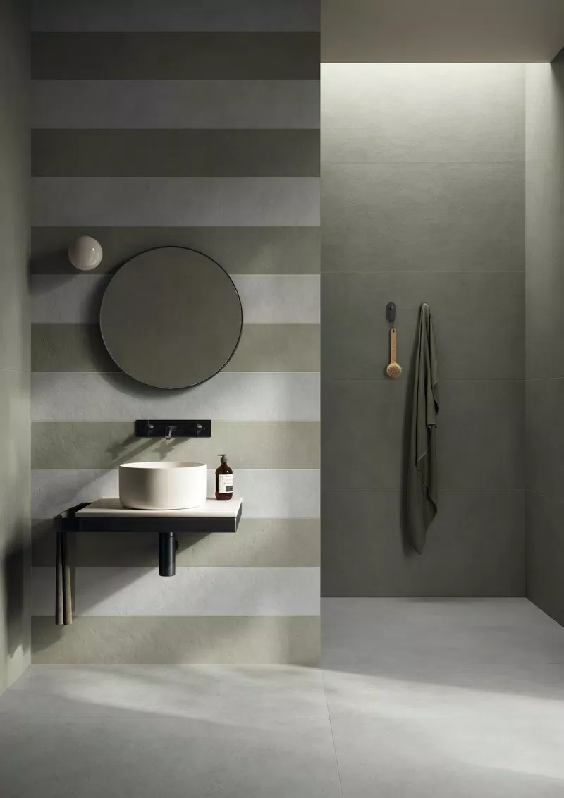 Beige, grey, green tones for the contemporary-effect tiles of the Palette collection by Flaviker.