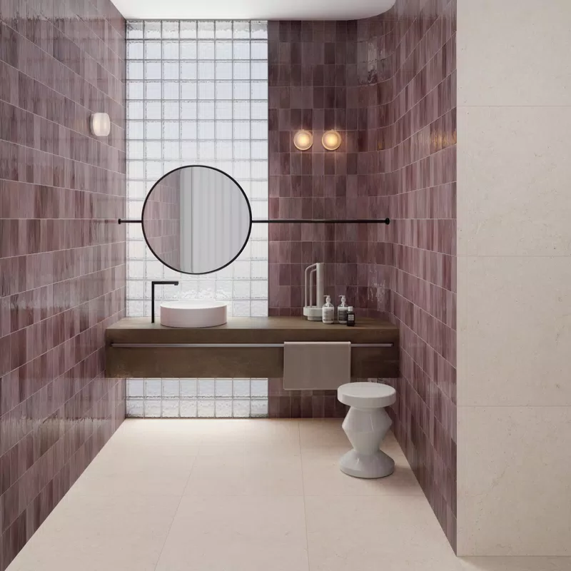 02 POETRY COLORS BLUSH 7,5X15+INTERNO 9 RUST 120X280+POETRY STONE TRANI IVORY 60X120