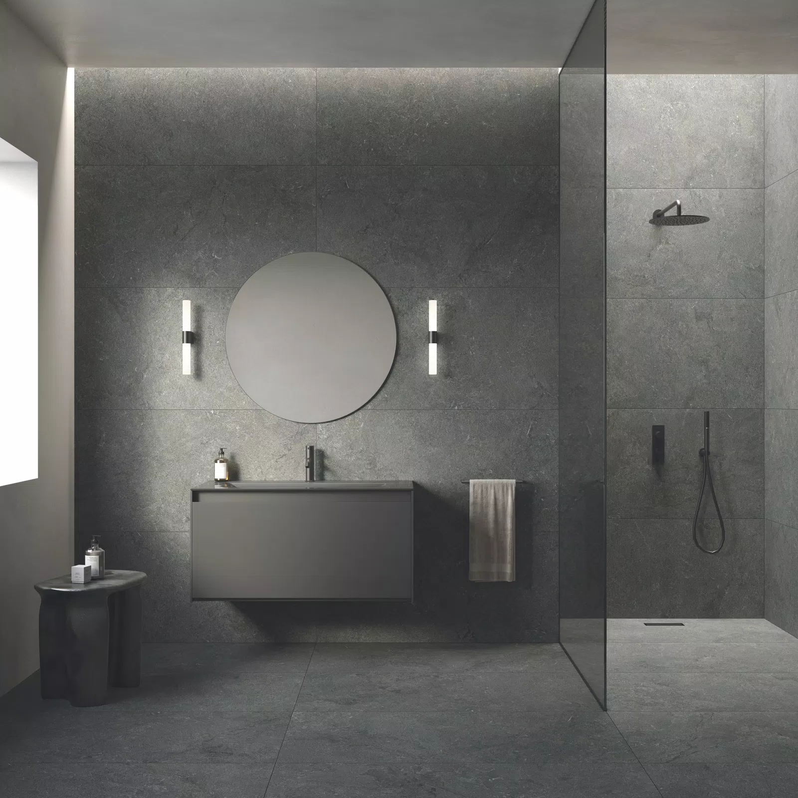 Toni beige, bianco, grigio per le piastrelle effetto pietra della collezione Magma di Flaviker.